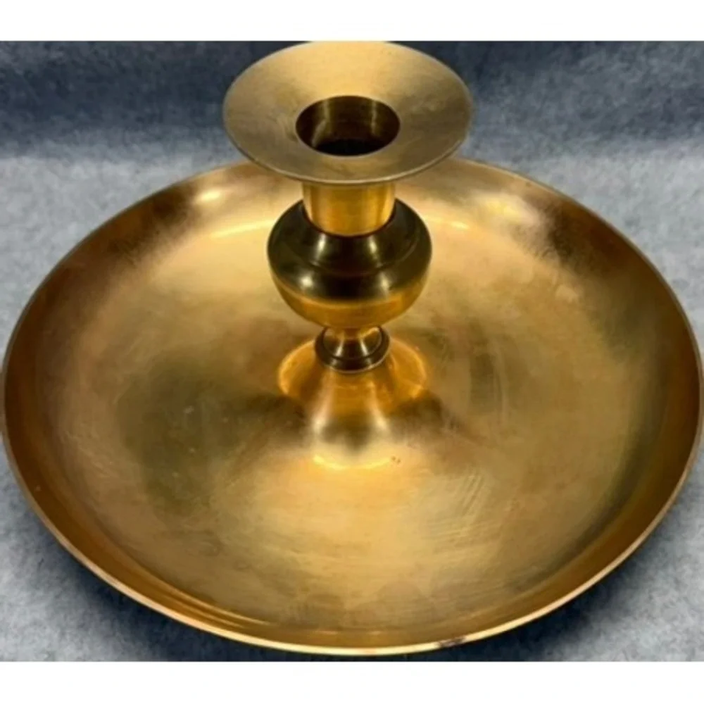 Vintage Solid Brass Chamberstick Taper Candle Holder Wide Saucer Base 8 Inch